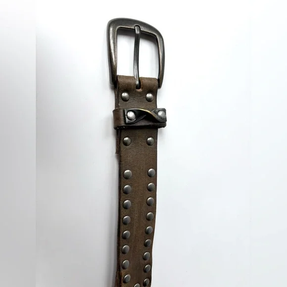 Vintage Brown Leather Heavy Metal Hardware Studded Grunge Biker Streetwear Belt - Picture 9 of 13